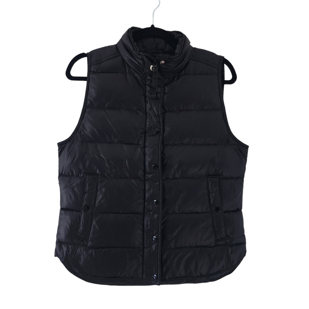 J.Crew Puffer Vest Medium Black Feather Down Fill Snap Up Outdoor Winter Jacket